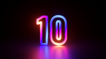 3d rendering. A glowing neon number ten in vibrant colors of pink, blue, and orange, set against a dark background with blurry floor reflection