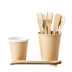 Paper cup and cutlery on transparent background