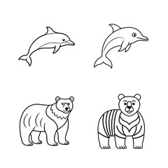 Hand drawn outlines of dolphins and bears in black and white isolated on a white background