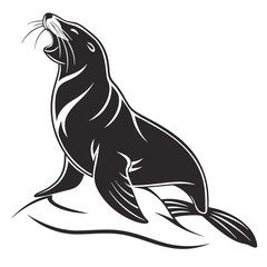 Isolated monochrome of a seal roaring while sitting on a rock formation