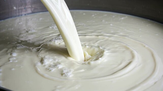 Pouring fresh milk, creamy white, representing nutrition and dairy production.