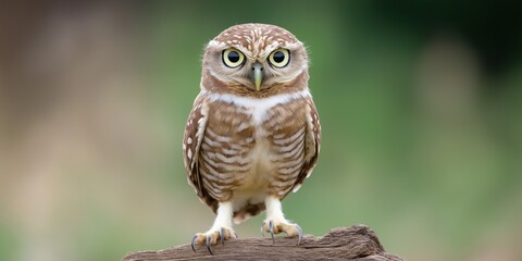 Fototapeta premium A small owl is standing on a log. The owl is looking at the camera. The image has a calm and peaceful mood