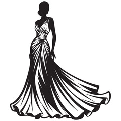 Black and White Silhouette of Woman in Elegant Long Gown Flowing Dress Fashion Design vector