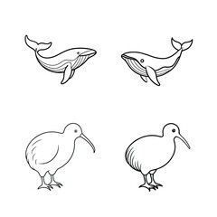 Simple black and white illustrations featuring two whales and two kiwi bird designs.