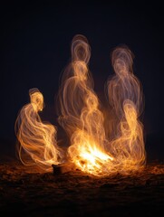 Warm Campfire Glow Surrounds Abstract Human Figures Enjoying a Nighttime Gathering With Flickering Flames and Shadows