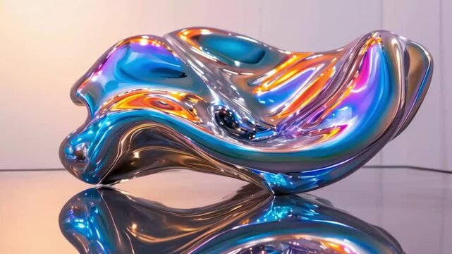 liquid metal sculpture morphing in zero gravity iridescent surface reflecting prismatic light abstract forms suspended in void.
