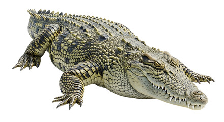 Fototapeta premium Resting Crocodile Isolated on White Background with Detailed Scale Texture
