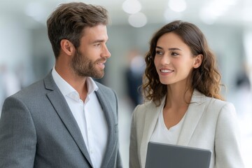 Obraz premium Two smiling professionals a man in gray suit a woman in offwhite look at each other indoors