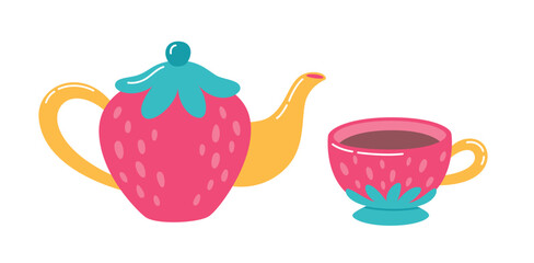 Strawberry design of a teapot and a cup. Flat style cute crockery vector illustration