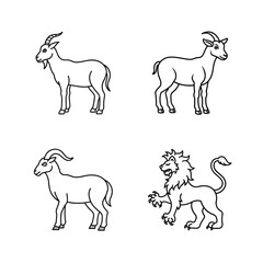 Vector illustrations of goats and lion outlined in simple black and white style