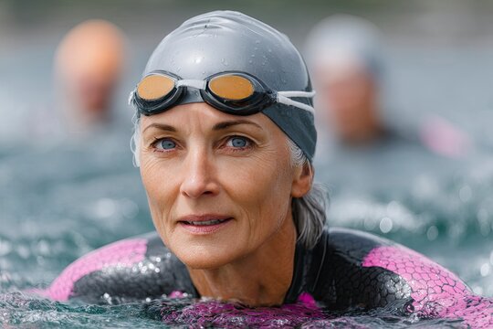 Woman in water wears goggles swim cap wetsuit others are visible nearby - Powered by Adobe
