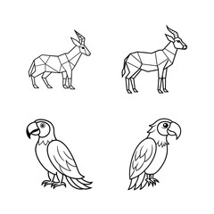 Black and white geometric antelope and parrot line art illustrations on white background