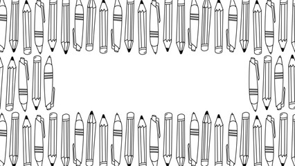 A school and education frame.  Pens and pencils outline background with copy space. A black and white line illustration of pens and pencils.
