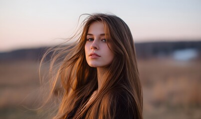 beautiful young woman with long hair in nature. Generative AI