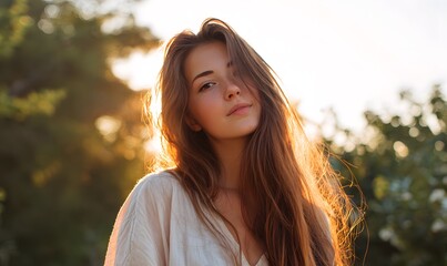 beautiful young woman with long hair in nature. Generative AI