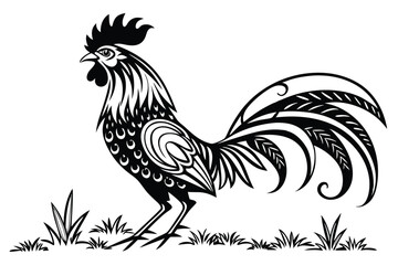 Black and white rooster struts amidst the grass, its ornamental feathering detailed