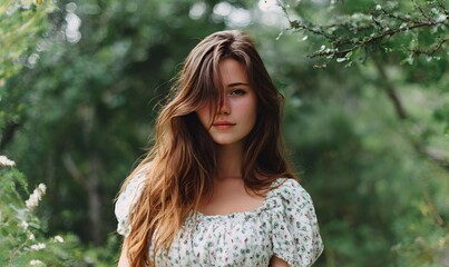 beautiful young woman with long hair in nature. Generative AI