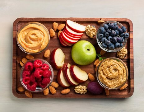Wooden tray offering variety of healthy snack options featuring fruits, nuts, and dips