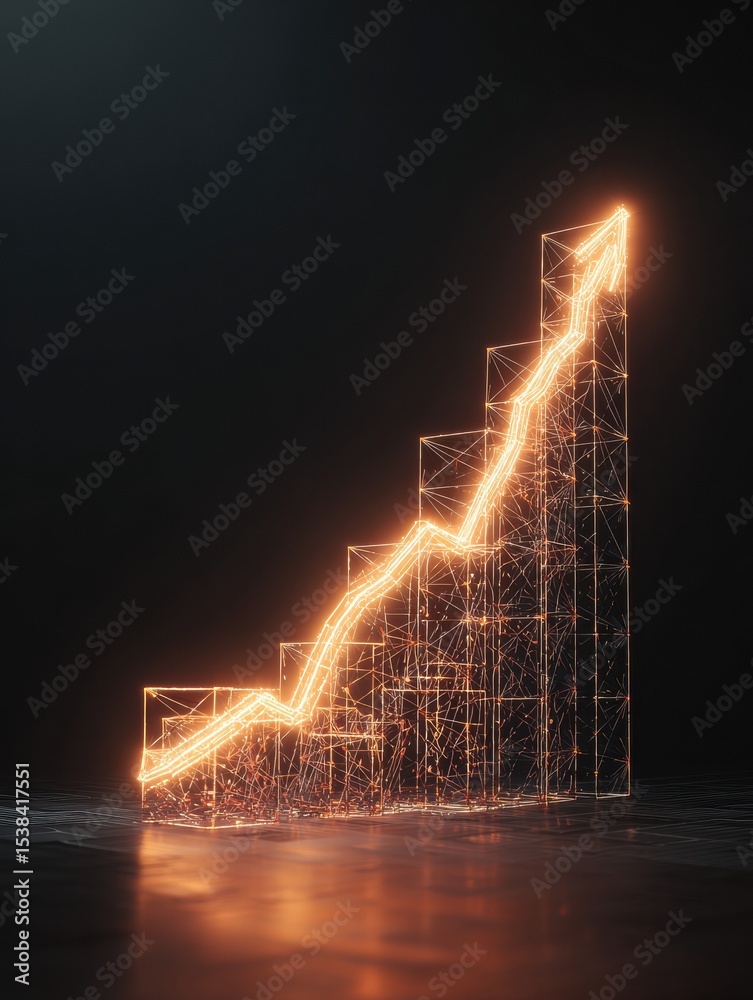Poster dynamic wireframe graph exhibiting upward trend with vibrant neon glow in a dark setting