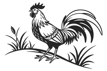 Stylized black rooster perches proudly amidst stylized grass on a white backdrop in this design