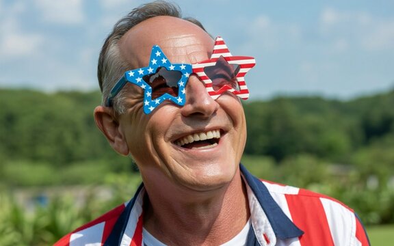 Happy senior man in patriotic star sunglasses celebrating 4th of july outdoors
