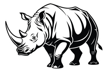 Bold black and white rhino stands with detailed lines showing its sturdy build