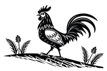 Bold rooster strides through grassy field in striking black and white silhouette form