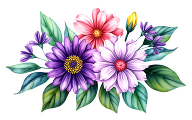 Obraz premium Watercolor floral bouquet with purple pink and white flowers