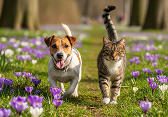 Happy dog and cat in a field of purple crocuses