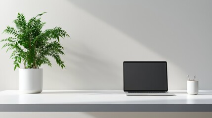 Home office setup modern workspace with laptop and plant
