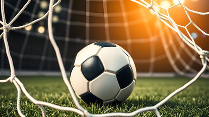Soccer or football tournament poster template with ball in net