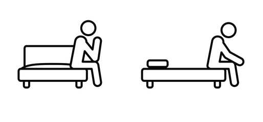 Woke up and unhappy man on bed. Privacy and alone, sit, sadly or thinking concept. Mental health, life crisis. Good morning, time. Trouble sleeping. Migraine or sinus headache. Faith or pray symbol