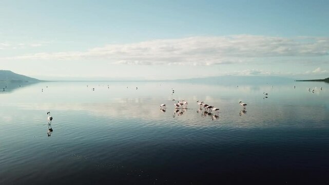 4k drone footage of flamingos wading in the shallow waters of Lake Natron in Kenya