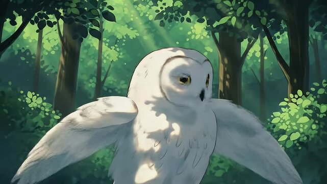Realistic white owl eyes logo perched in forest greenery with soft lighting and natural surroundings