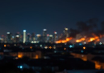 Fototapeta premium Nighttime cityscape ablaze with fire, smoke, and glowing lights in a blurry view.