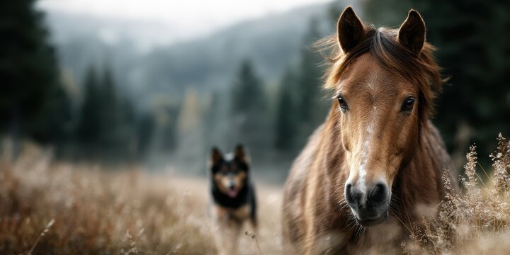 Majestic horse and loyal dog in a serene meadow during a misty morning