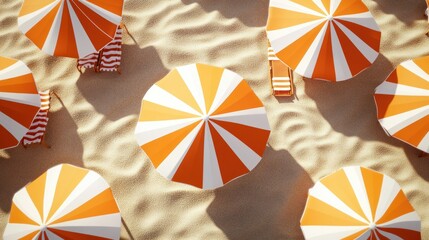 Orange and white striped beach umbrellas on sand.