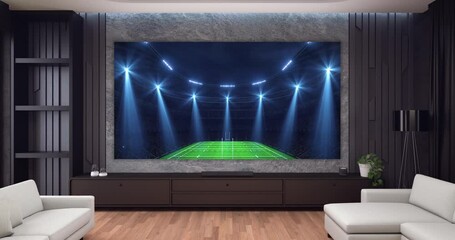 Amazing sports stadium and live streaming of rugby match in modern luxury living room with giant TV. Professional sports 4k video for advertisement background.	