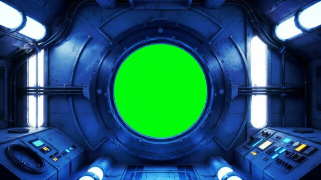 Sci-fi spaceship interior with green screen window. Futuristic space station cabin or alien ufo cockpit video footage.