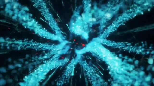 Abstract blue particle explosion effect expanding and contracting in dark space with dynamic light elements, motion graphic.