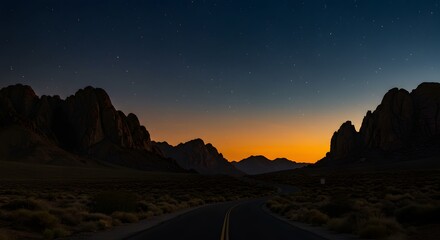 night desert road, Serene nightscape of a winding desert road beneath glowing stars and moonlight, with dramatic mountain silhouettes on both sides.