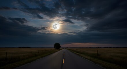 Night desert road, Empty rural road going through prairie at full moon night with dramatic cloudy sky, perfect for minimalist backgrounds or visual metaphors.