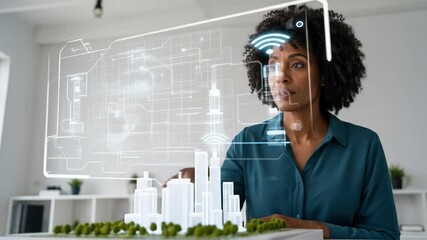 Confident african american woman interacting with smart city virtual interface over architectural model, innovative urban planning technology footage. - Powered by Adobe