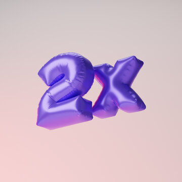 Inflated purple 2x symbol isolated over pink background. 3D rendering.
