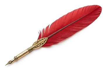 Red Feather Quill Pen Gold Ornate Nib Centered White Background Elegant Classic