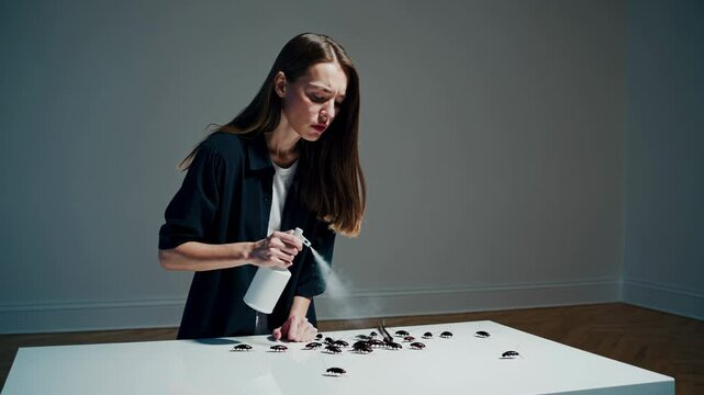 Woman spraying insecticide on cockroaches on a table