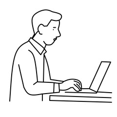 Minimalist line art vector of a man working on a laptop. Depicts remote work, online activity, studying, or general computer use.

