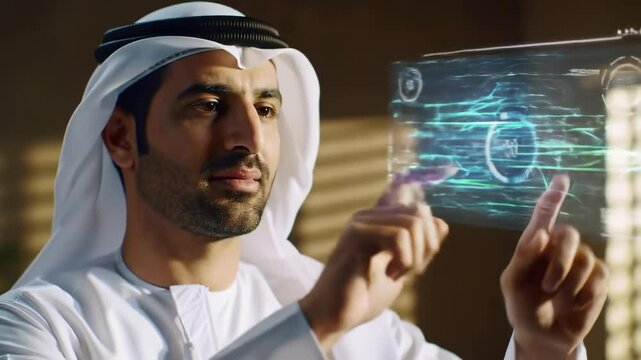 Arab man using a futuristic holographic interface with Graphic User Interface. 