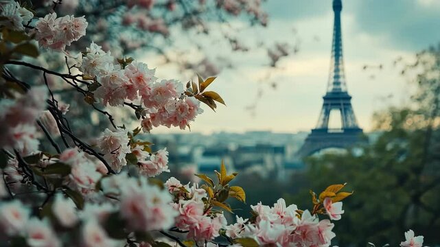 Eiffel Tower framed by cherry blossoms in romantic Paris, France