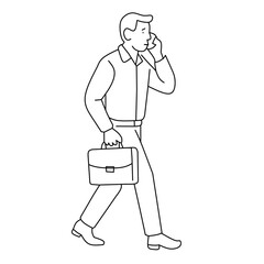 Line art of businessman walking with briefcase while talking on phone, hand-drawn style illustration